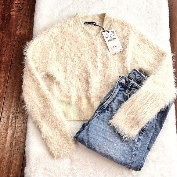 Zara Faux Fur Jacket Ivory Size Medium NWT - Picture 4 of 16